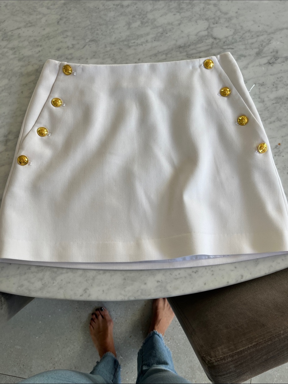 White Button-Accent Mini Skirt